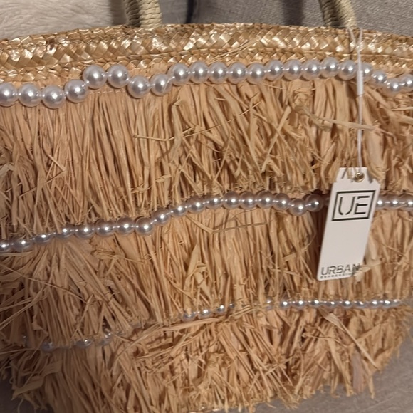 Urban Expressions Shakira Fringe Straw Raffia Pearl Natural Beige Tote/Bag NWT - Picture 7 of 9